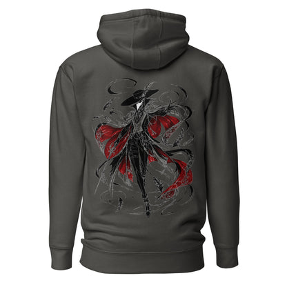 Back view of the Vintage Black Crowsworn Crimson Wraith hoodie with gothic dark fantasy back graphic