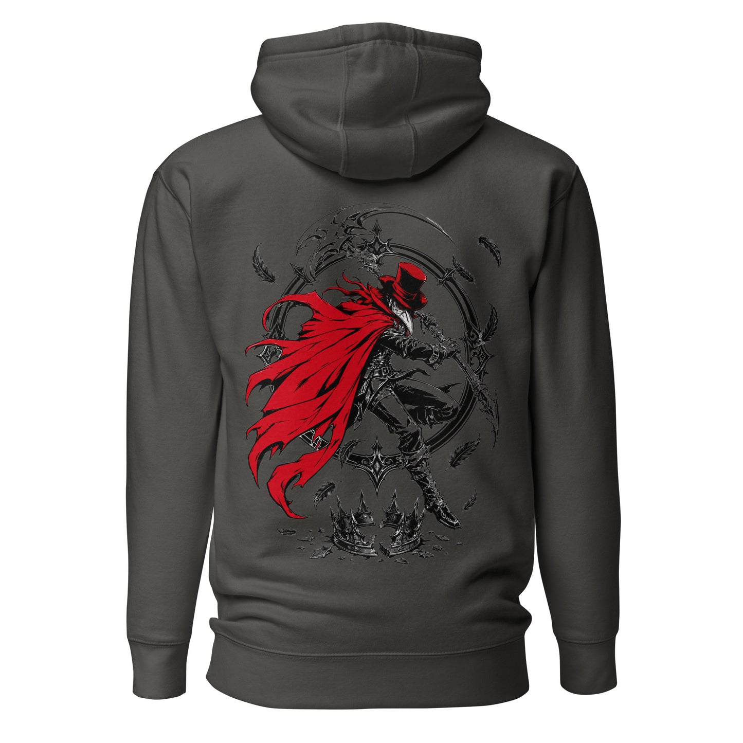Back view of the Vintage Black Crowsworn Crimson Scythe hoodie with dark fantasy graphic artwork
