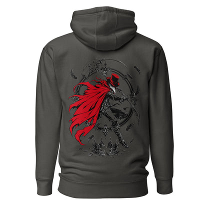 Back view of the Vintage Black Crowsworn Crimson Scythe hoodie with dark fantasy graphic artwork