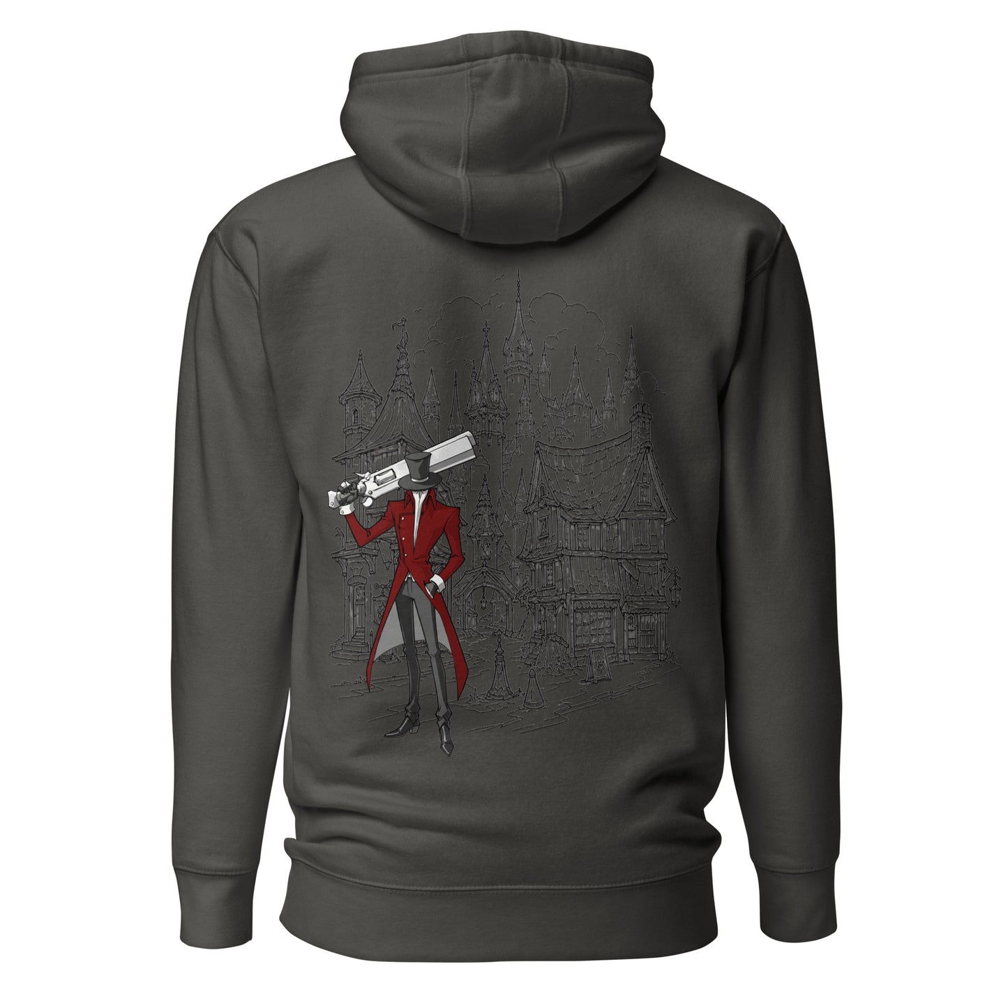 Back view of the Vintage Black Crowsworn Gothic Hunter hoodie with ruined kingdom graphic
