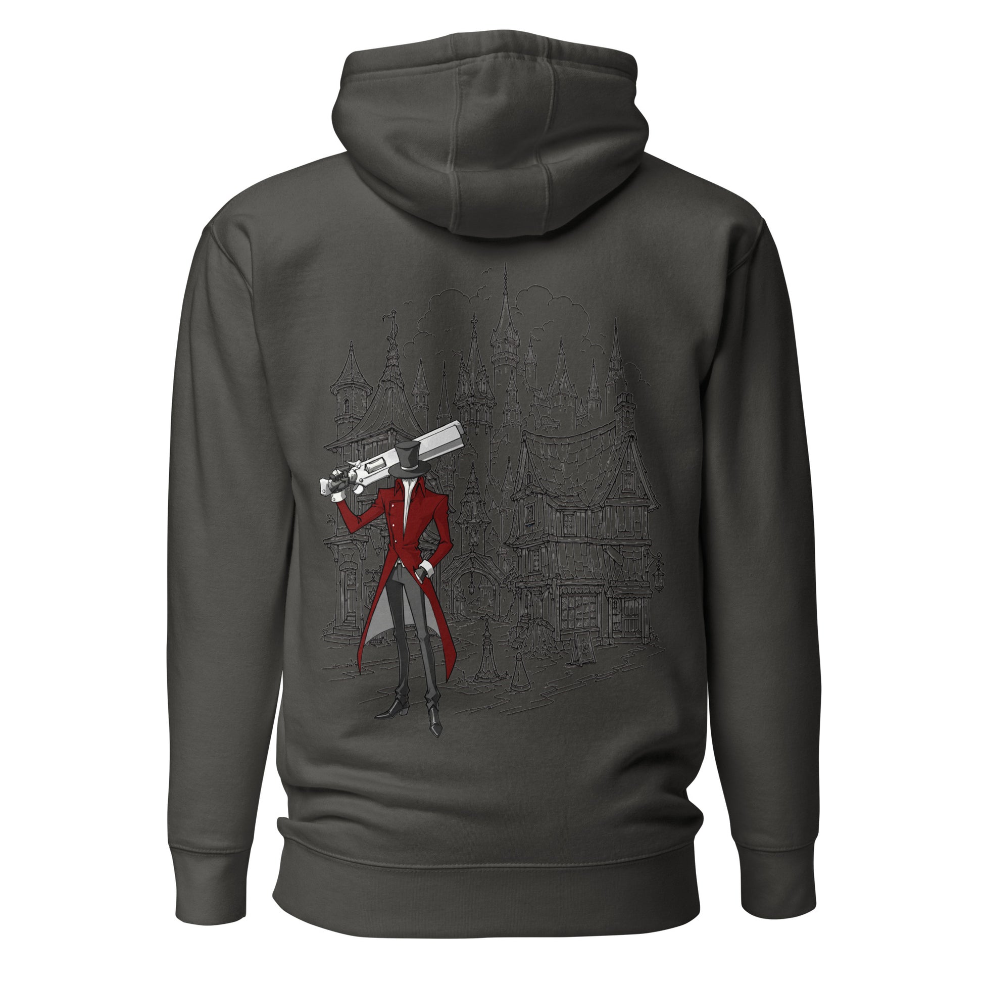 Back view of the Vintage Black Crowsworn Gothic Hunter hoodie with ruined kingdom graphic