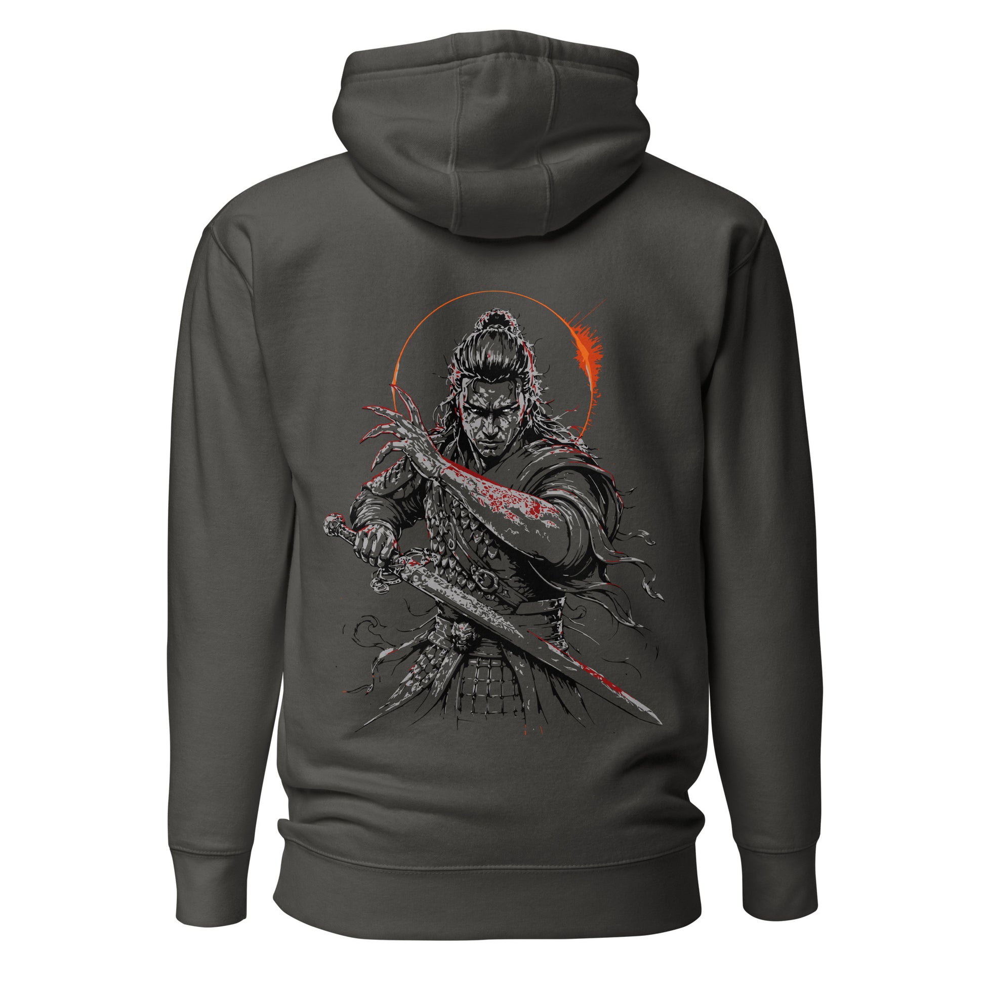 Back view of The Blood of Dawnwalker Coen Sword Hoodie featuring large Coen sword artwork across the back
