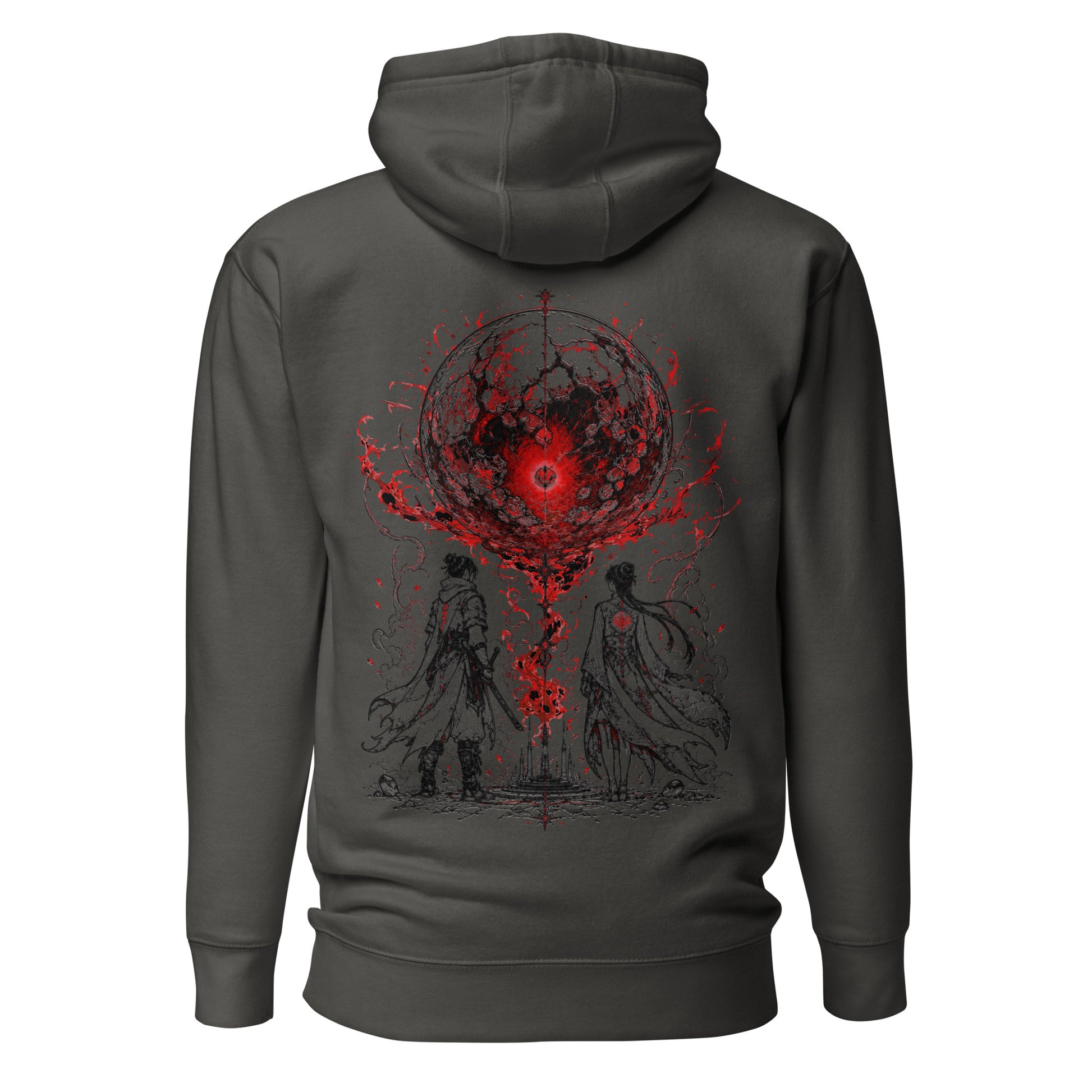 Back view of The Blood of Dawnwalker Crimson Eclipse Hoodie featuring large crimson eclipse artwork across the back