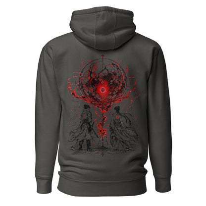 Back view of The Blood of Dawnwalker Crimson Eclipse Hoodie featuring large crimson eclipse artwork across the back