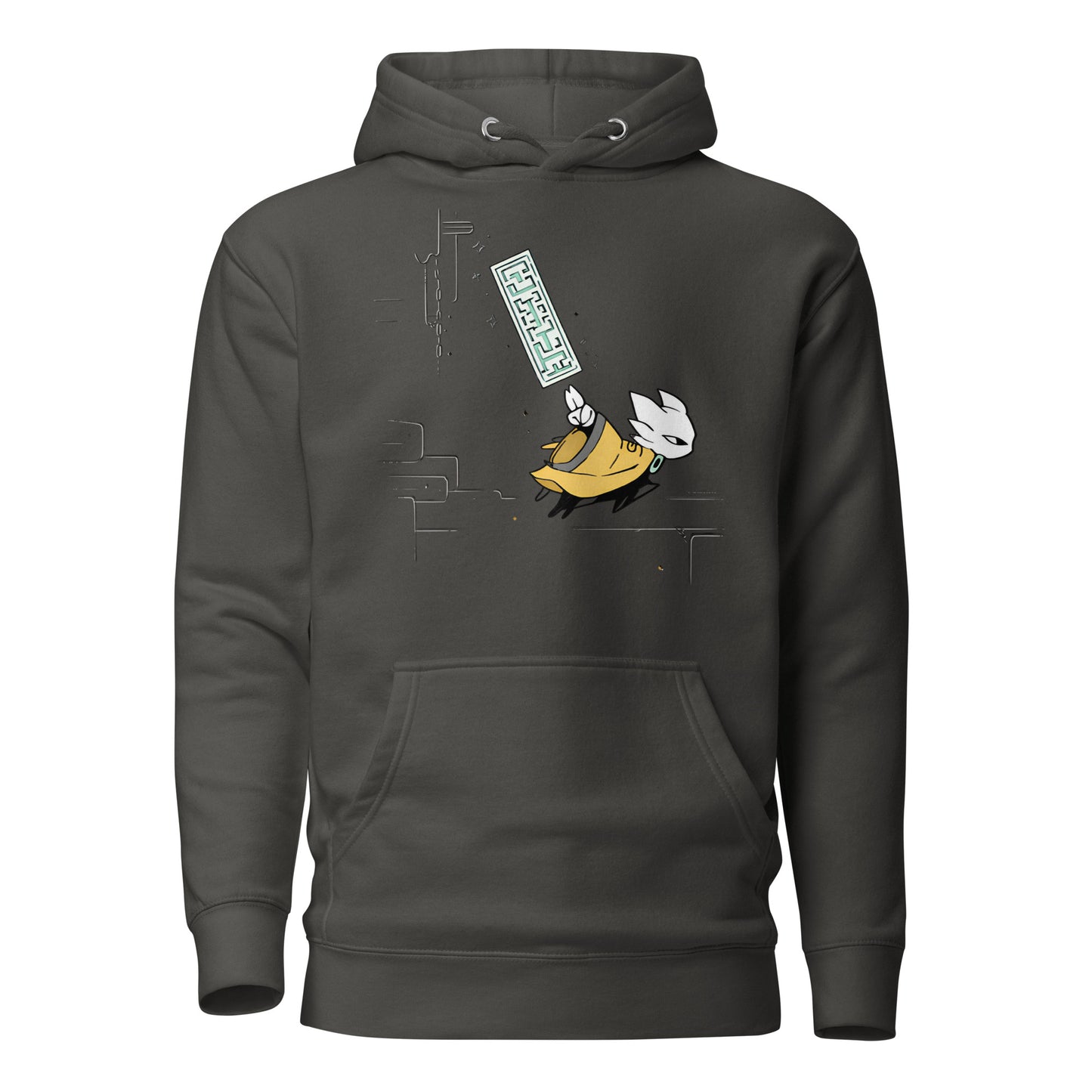 Front view of the Vintage Black Nine Sols Motion Hoodie Seal Momentum featuring a minimalist seal graphic with vertical motion detail
