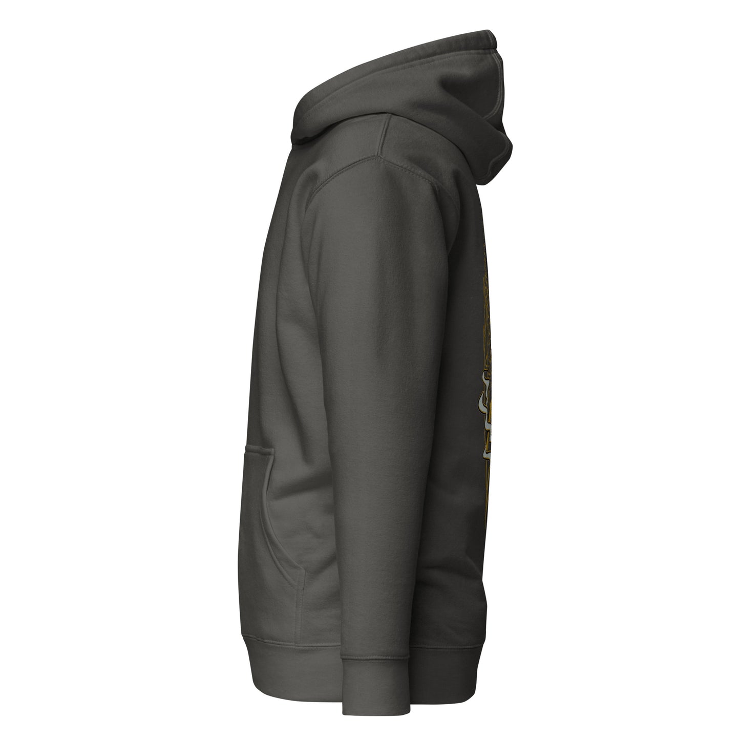 Left side view of the charcoal Nine Sols Balance Hoodie Yin Yang Presence with partial back design visible along the side