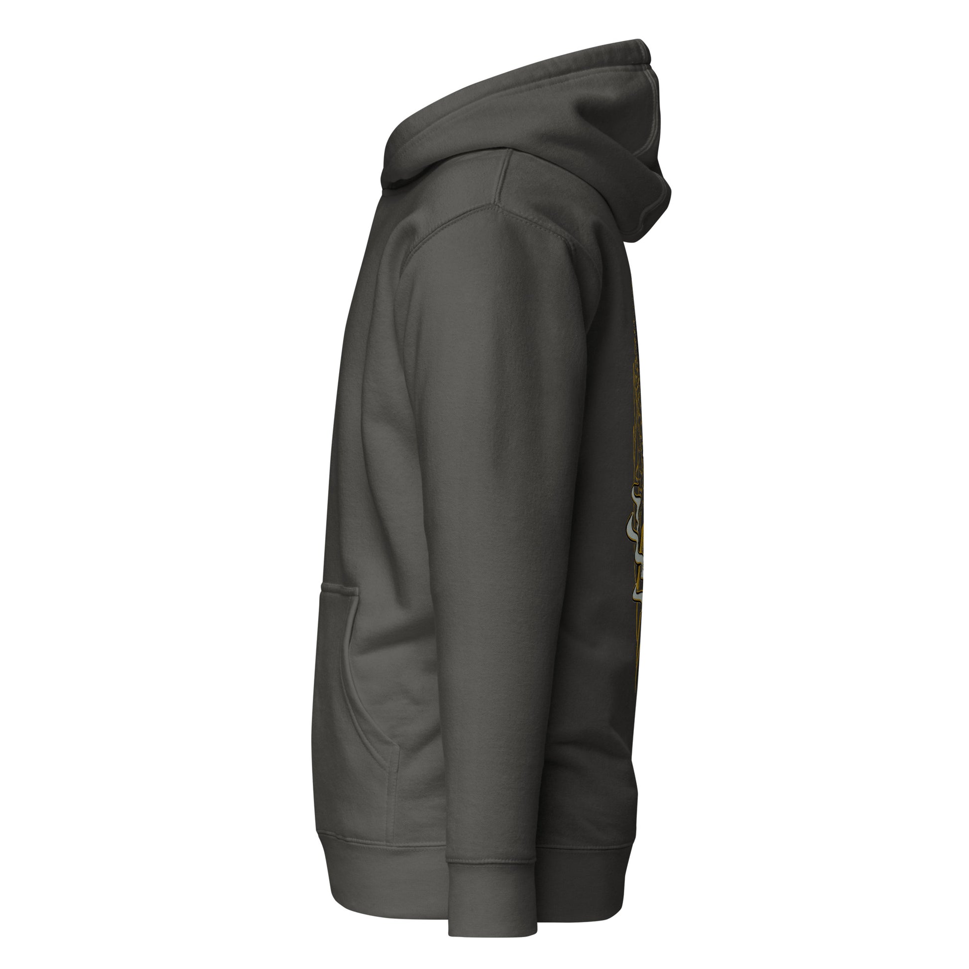 Left side view of the charcoal Nine Sols Balance Hoodie Yin Yang Presence with partial back design visible along the side