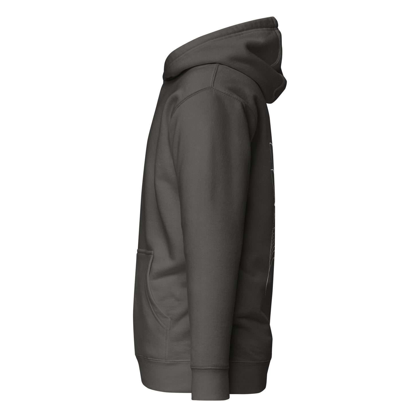 Left side view of the Vintage Black Nine Sols Silent Resolve Taopunk Portrait hoodie highlighting side profile and overall silhouette
