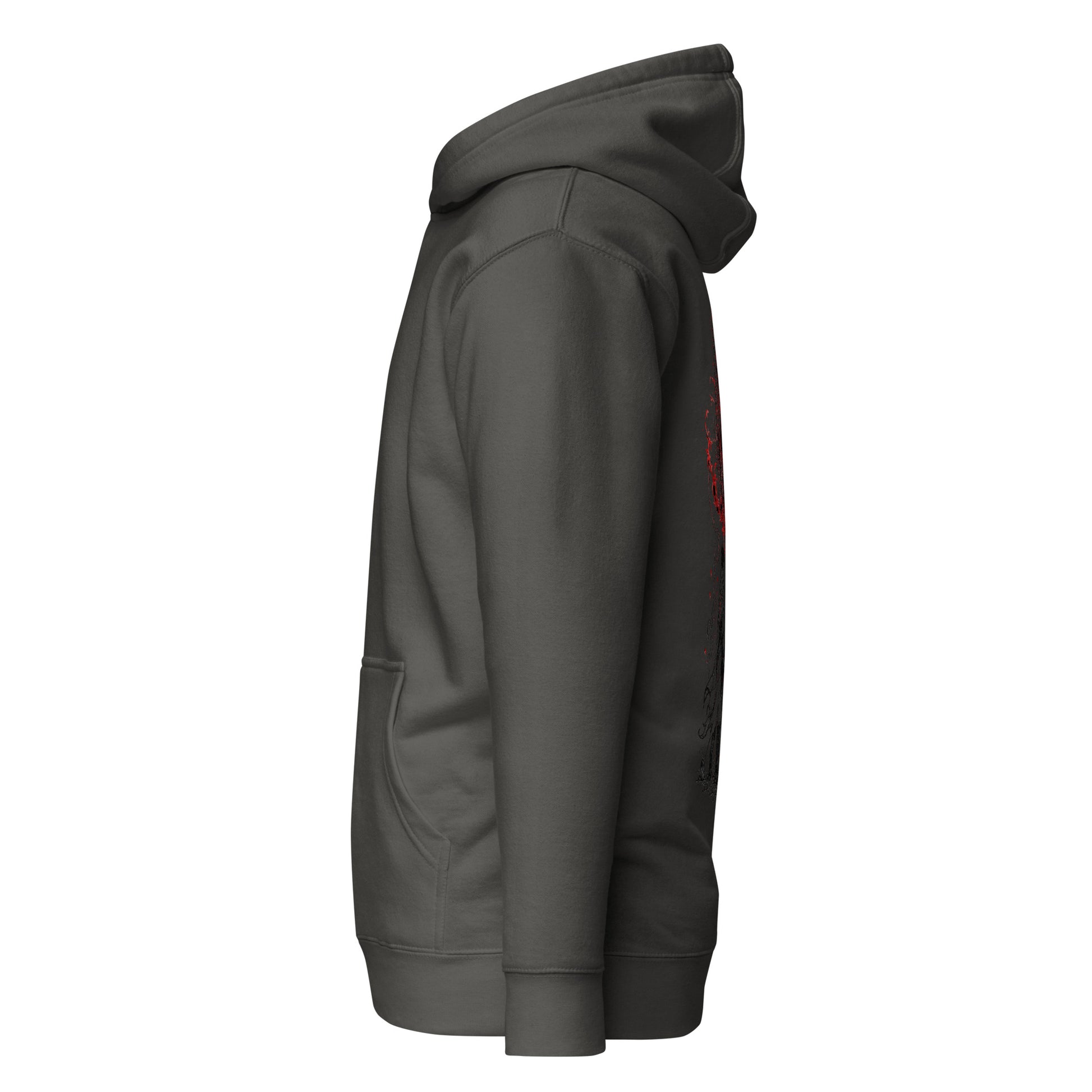 Left side view of The Blood of Dawnwalker Crimson Eclipse Hoodie showing side profile, hood shape and sleeve structure