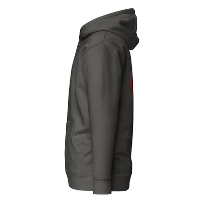 Left side view of The Blood of Dawnwalker Crimson Eclipse Hoodie showing side profile, hood shape and sleeve structure