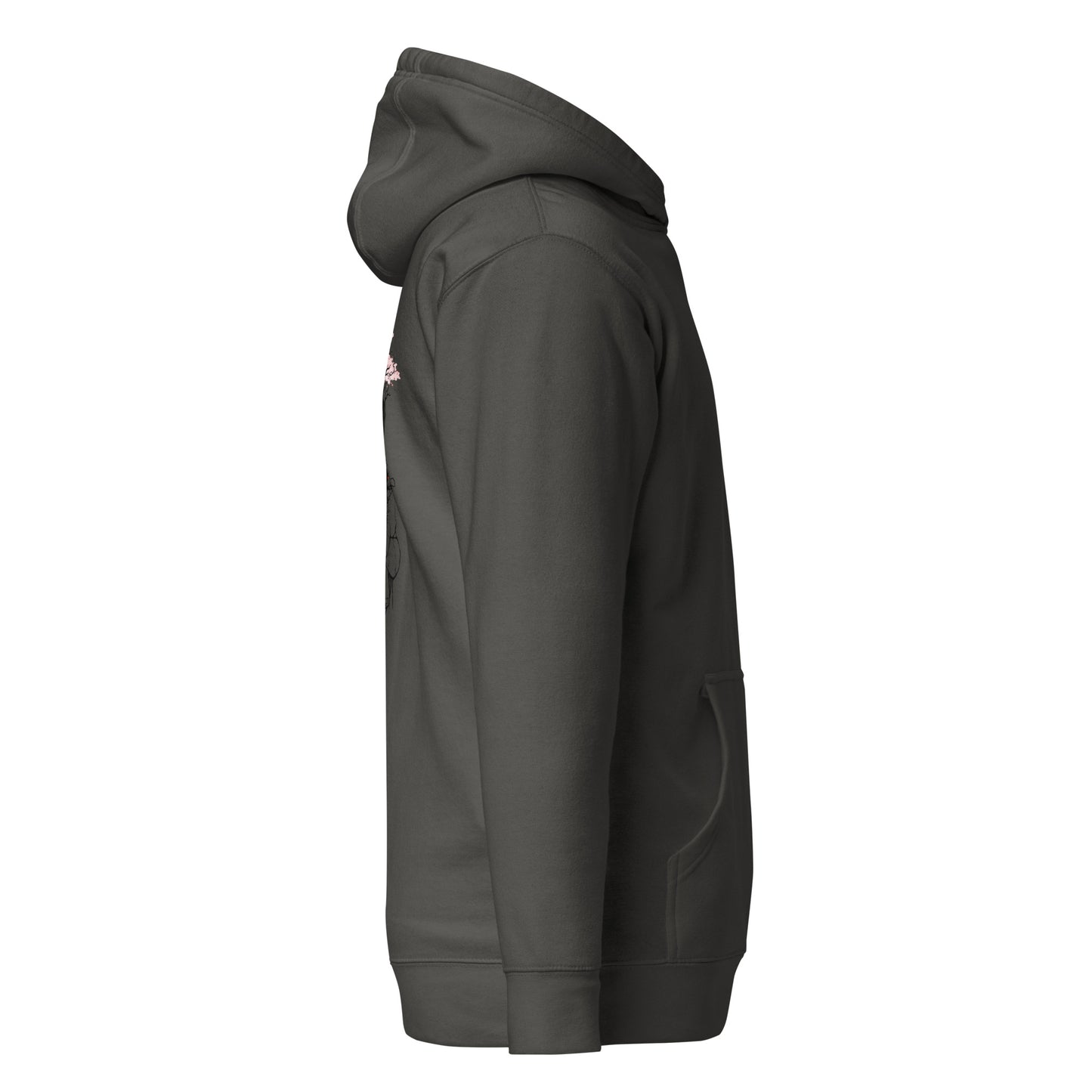 Right side view of the Vintage Black Nine Sols Cliff Duel Hoodie Fallen Guardian Duel showing sleeve structure and relaxed fit