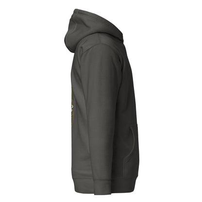 Right side view of the charcoal Nine Sols Balance Hoodie Yin Yang Presence showing sleeve structure and relaxed fit