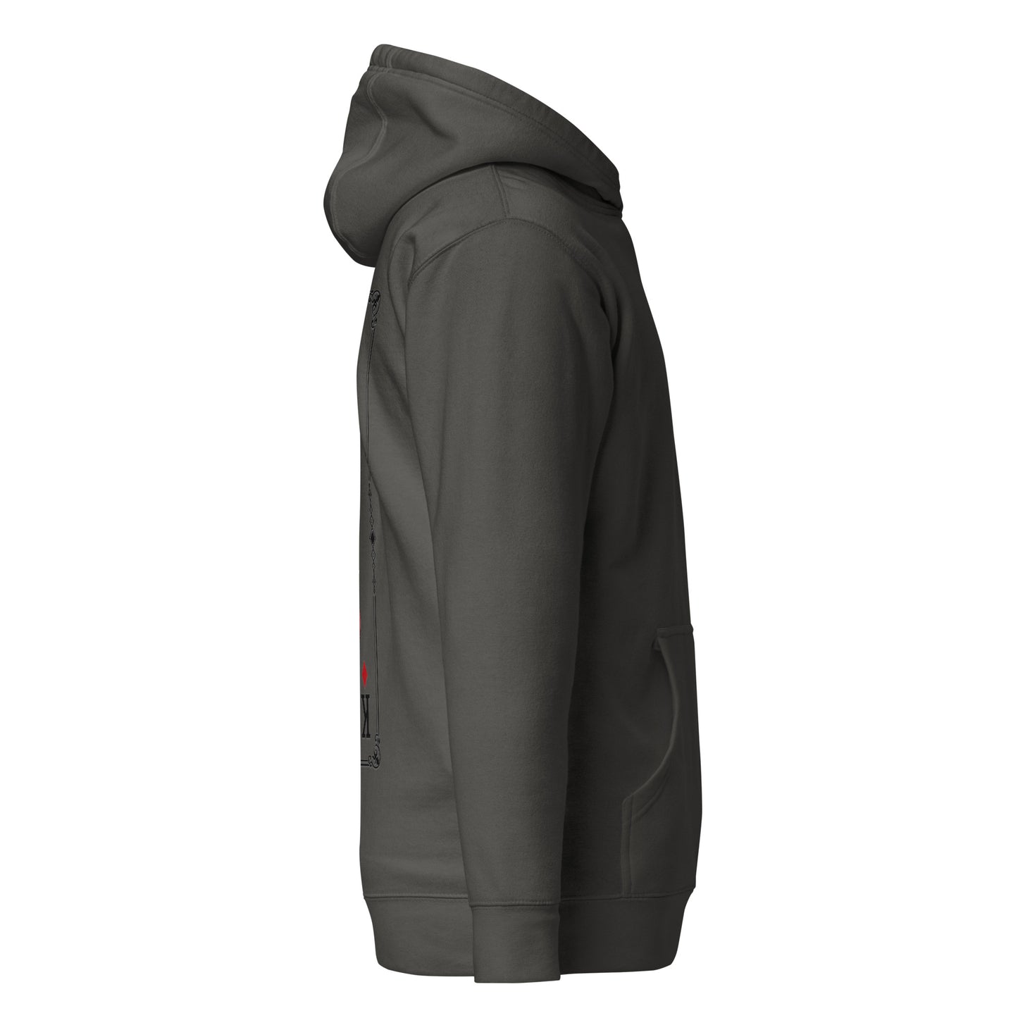 Right side view of the Vintage Black Crowsworn King of Diamonds hoodie with casual unisex silhouette