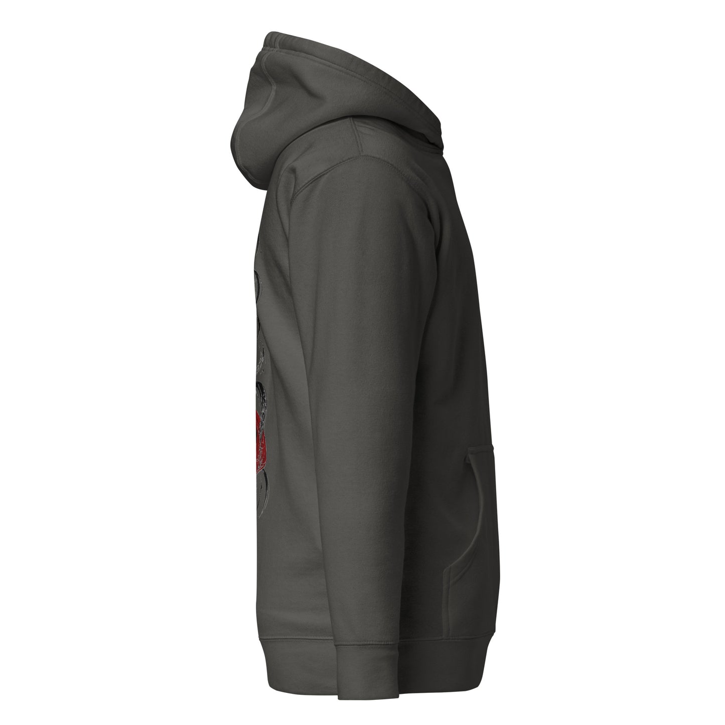 Right side view of the Vintage Black Crowsworn Crimson Wraith hoodie with casual unisex silhouette