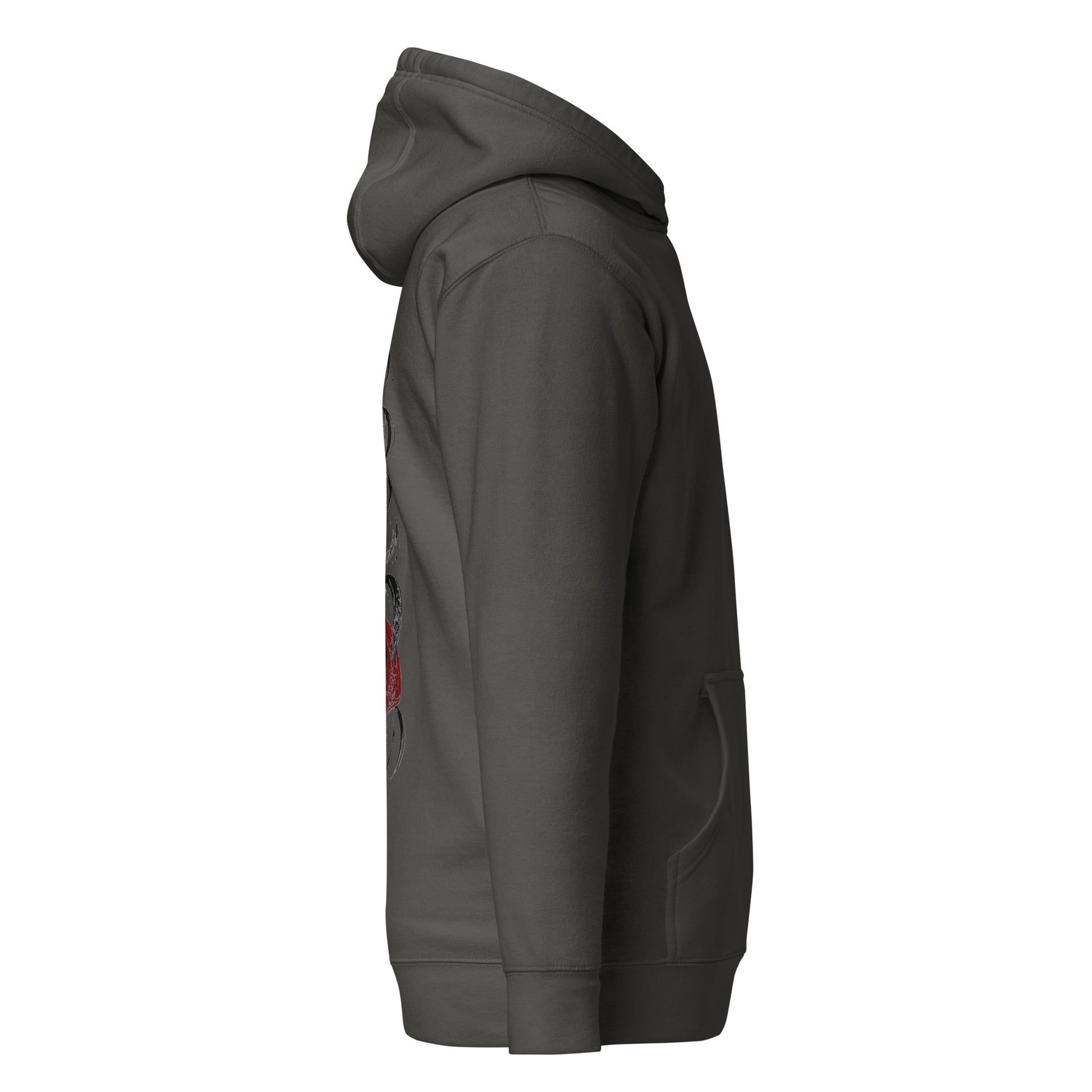 Right side view of the Vintage Black Crowsworn Crimson Wraith hoodie with casual unisex silhouette