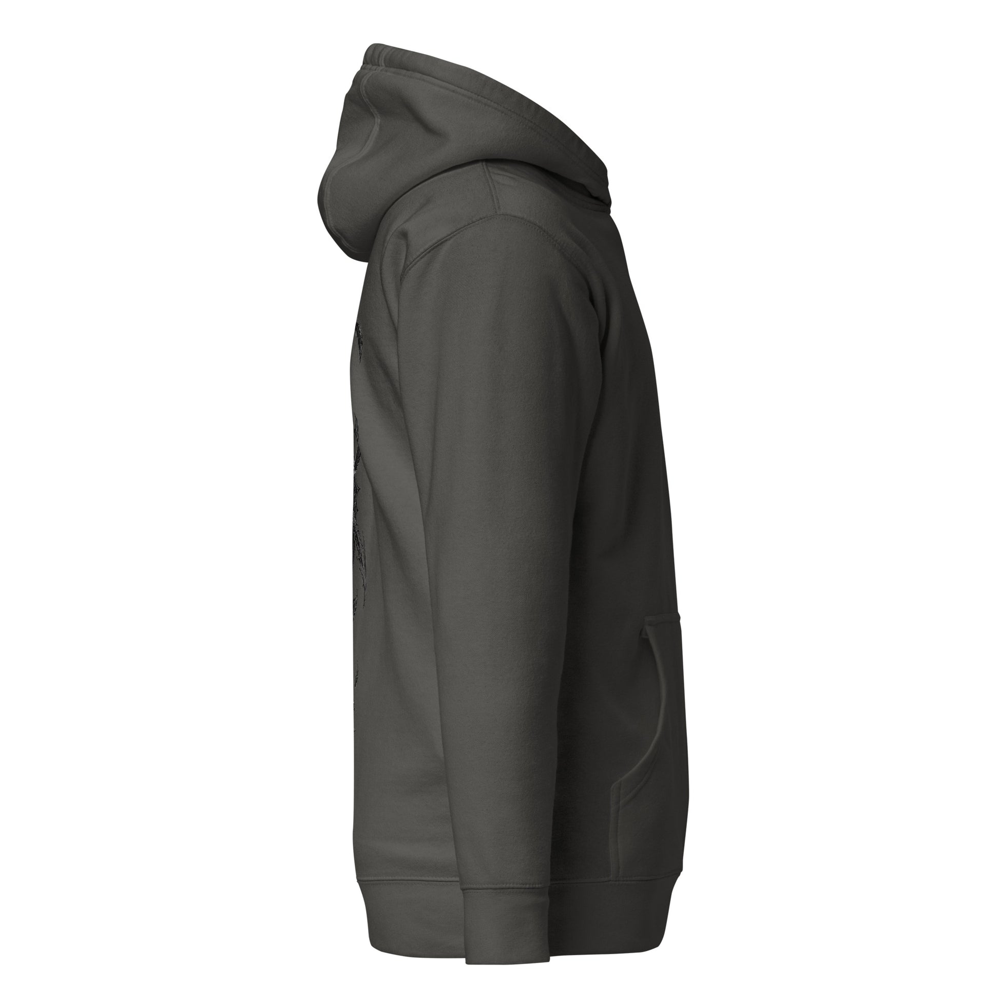 Right side view of the Vintage Black Crowsworn Crimson Scythe hoodie with soft casual silhouette