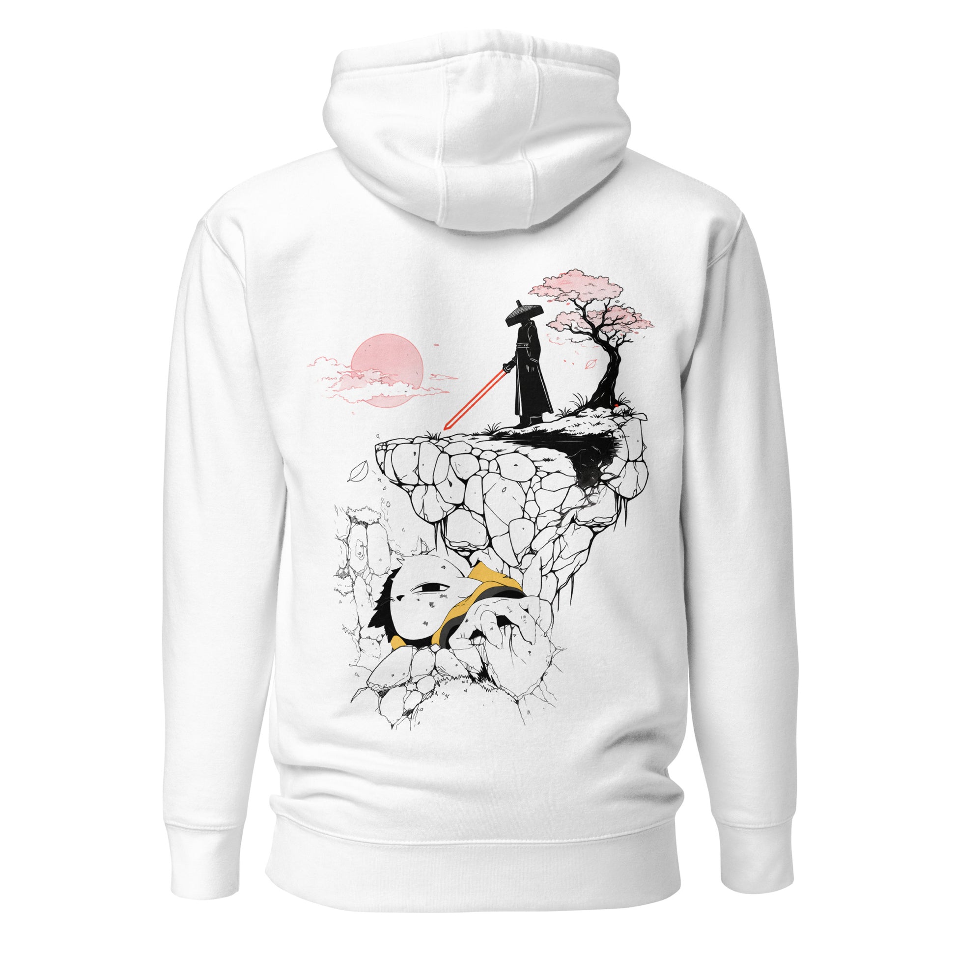 Back view of the White Nine Sols Cliff Duel Hoodie Fallen Guardian Duel featuring a cliffside duel scene with guardian figure