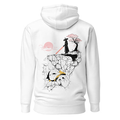 Back view of the White Nine Sols Cliff Duel Hoodie Fallen Guardian Duel featuring a cliffside duel scene with guardian figure