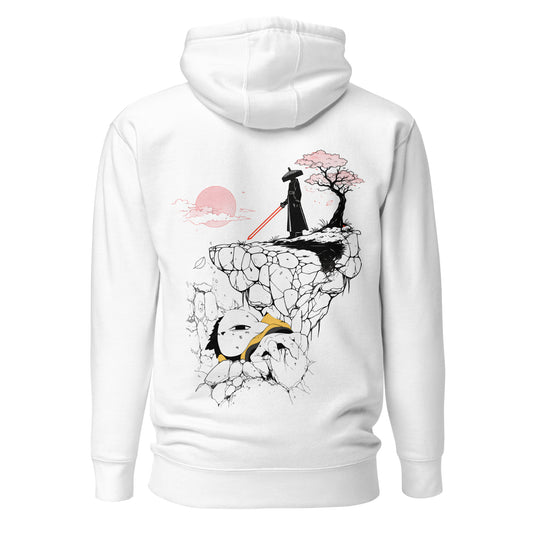 Back view of the White Nine Sols Cliff Duel Hoodie Fallen Guardian Duel featuring a cliffside duel scene with guardian figure