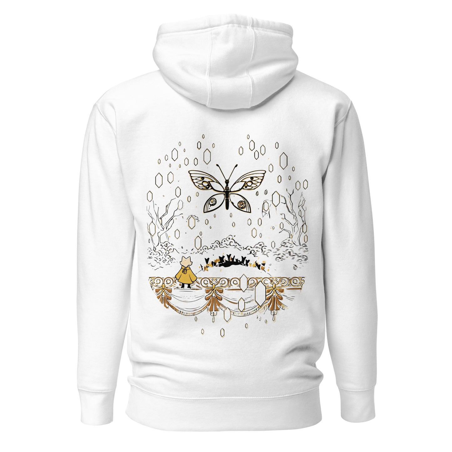 Back view of the White Nine Sols Butterfly Hoodie Golden Echo Presence featuring a golden butterfly above an ornate shrine scene