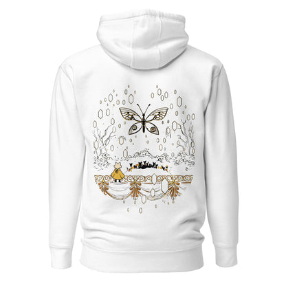 Back view of the White Nine Sols Butterfly Hoodie Golden Echo Presence featuring a golden butterfly above an ornate shrine scene