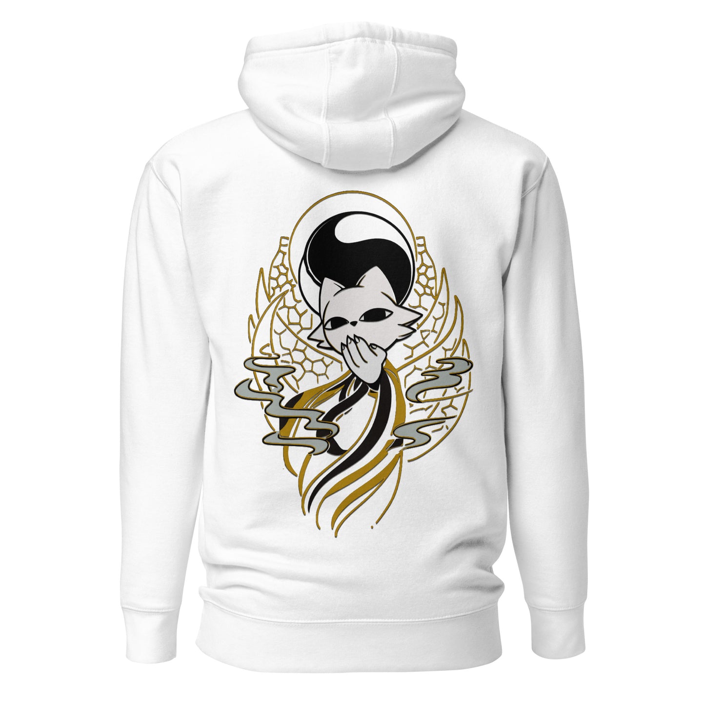 Back view of the White Nine Sols Balance Hoodie Yin Yang Presence featuring a yin yang skull graphic with golden line details