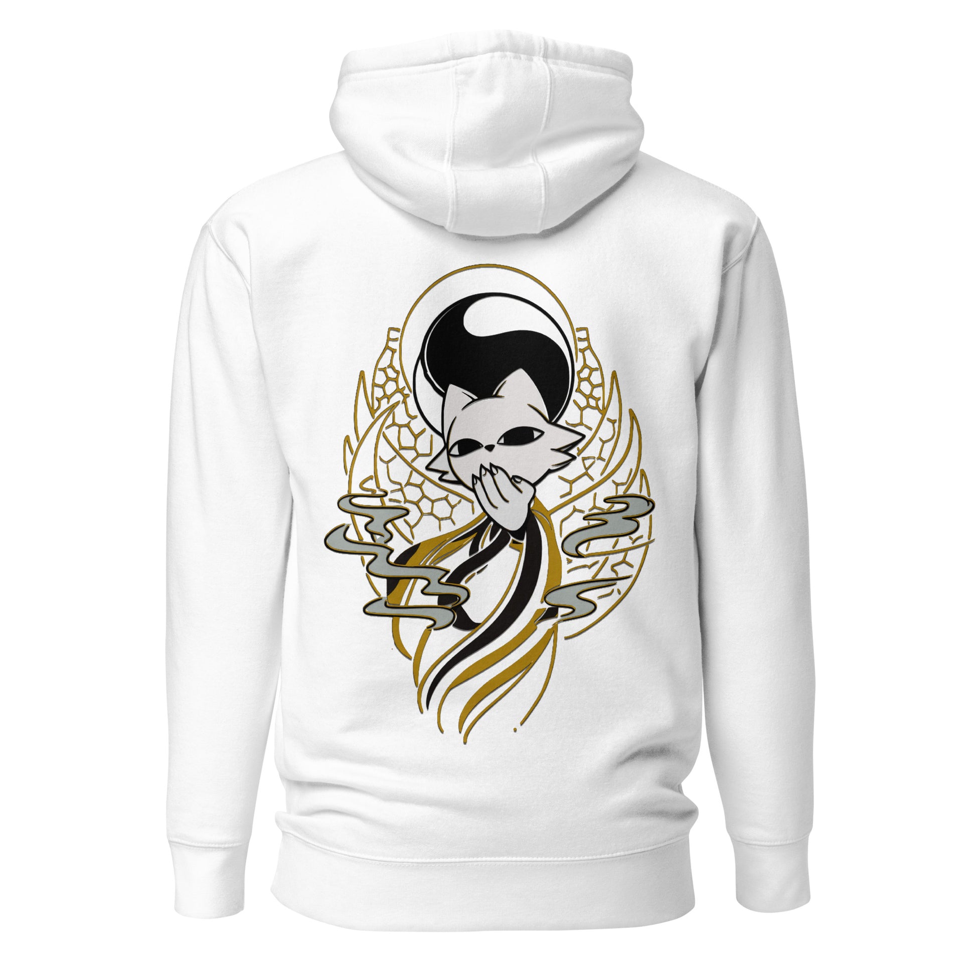 Back view of the White Nine Sols Balance Hoodie Yin Yang Presence featuring a yin yang skull graphic with golden line details