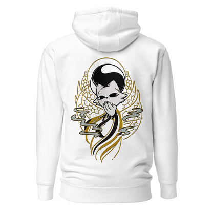 Back view of the White Nine Sols Balance Hoodie Yin Yang Presence featuring a yin yang skull graphic with golden line details