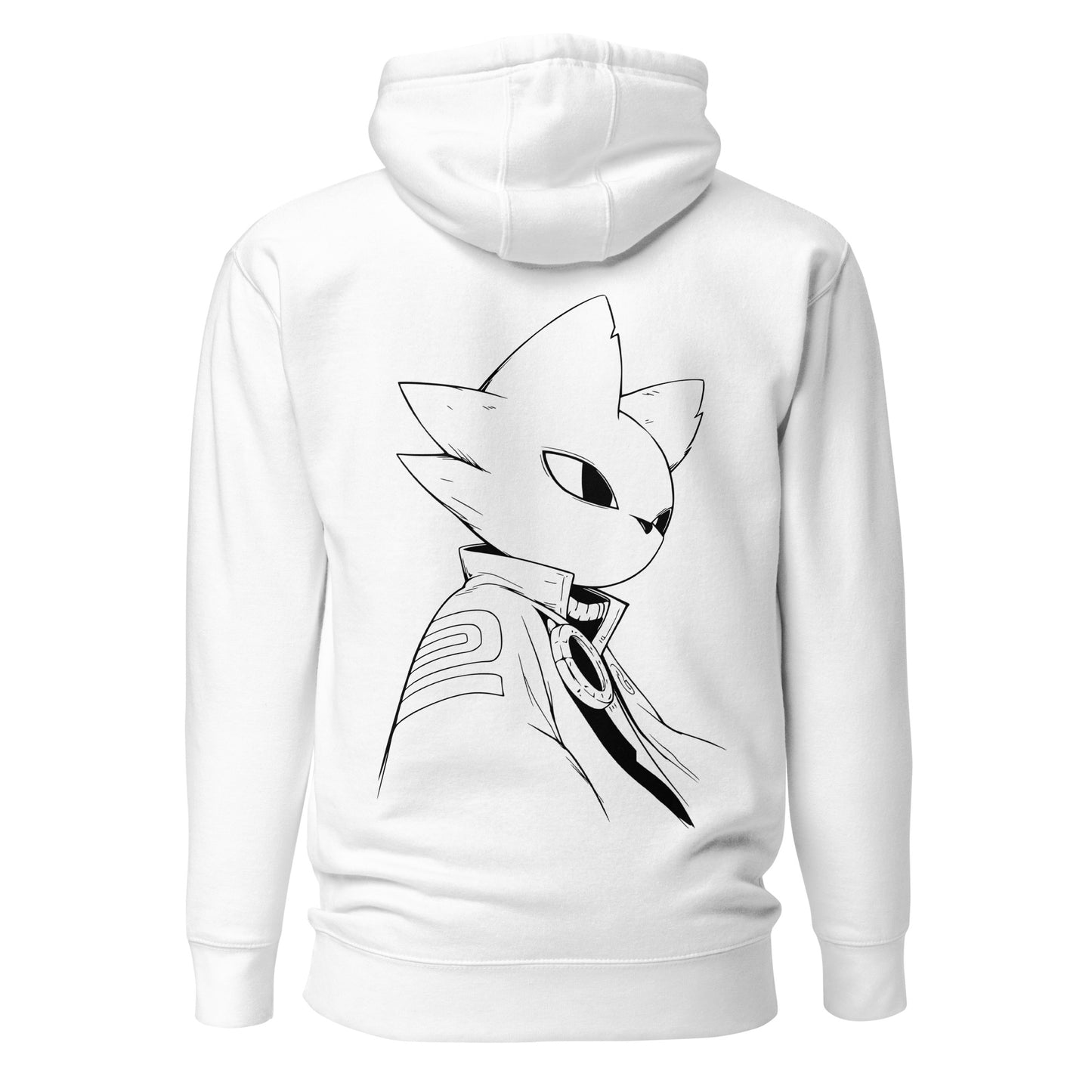 Back view of the white Nine Sols Silent Resolve Taopunk Portrait hoodie featuring a minimalist taopunk portrait in white line art