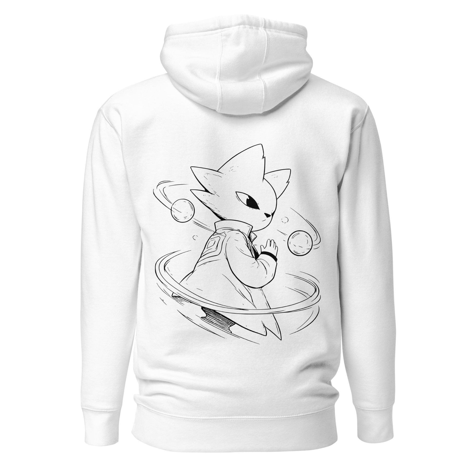 Back view of the white Nine Sols Orbiting Focus Taopunk Motion hoodie featuring a taopunk figure with orbiting rings in white line art