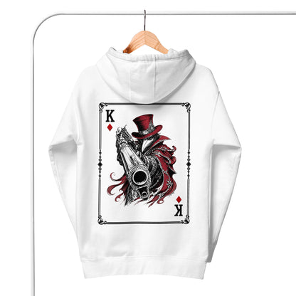 Close-up of the White Crowsworn King of Diamonds hoodie back graphic with crimson gambit card artwork