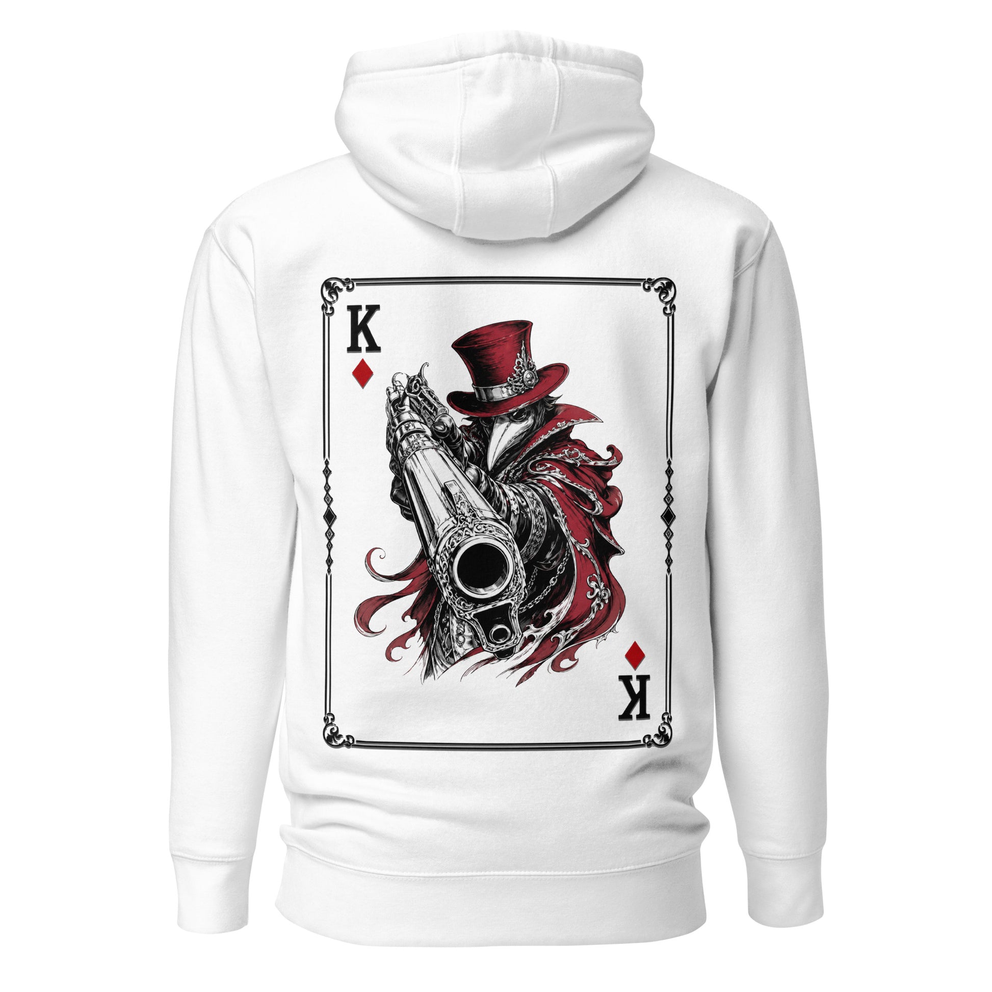 Back view of the White Crowsworn King of Diamonds hoodie with crimson gambit card back graphic