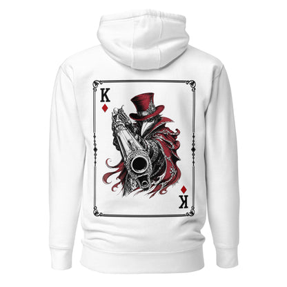 Back view of the White Crowsworn King of Diamonds hoodie with crimson gambit card back graphic
