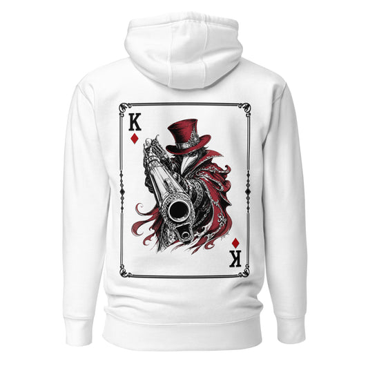 Back view of the White Crowsworn King of Diamonds hoodie with crimson gambit card back graphic