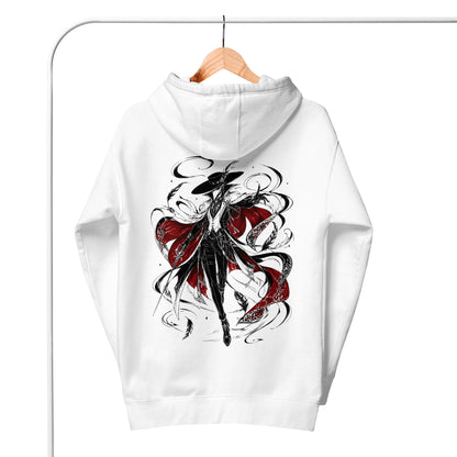 Back view of the White Crowsworn Crimson Wraith hoodie on a hanger with gothic dark fantasy back graphic