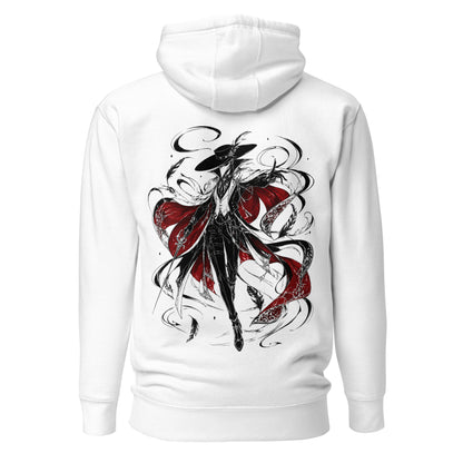 Back view of the White Crowsworn Crimson Wraith hoodie with gothic dark fantasy back graphic