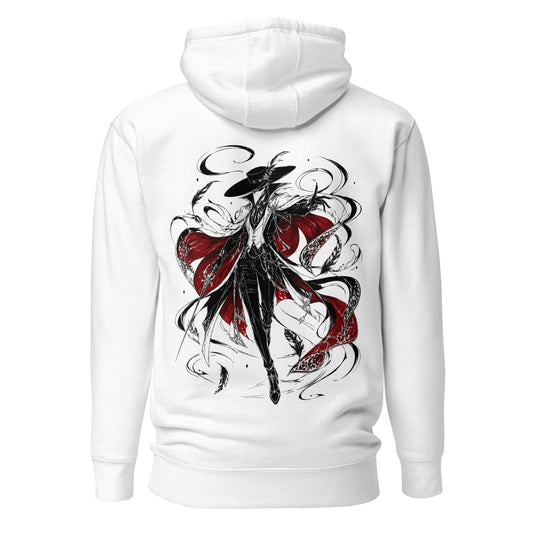 Back view of the White Crowsworn Crimson Wraith hoodie with gothic dark fantasy back graphic