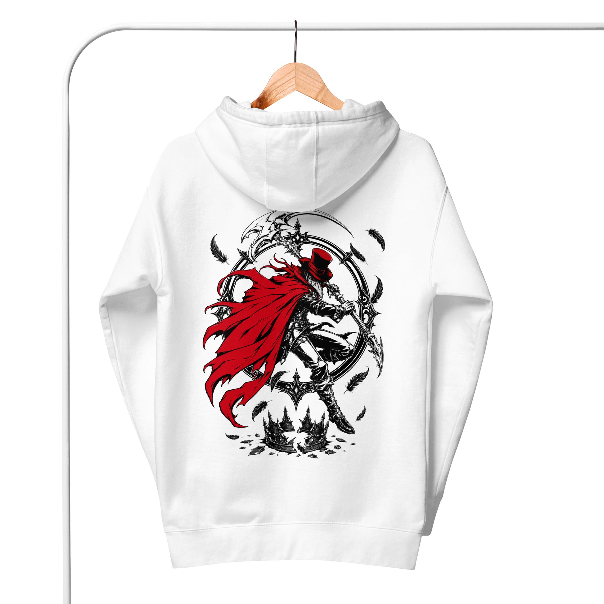 Close-up of the White Crowsworn Crimson Scythe hoodie back graphic with dark fantasy bird artwork
