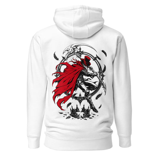 Back view of the White Crowsworn Crimson Scythe hoodie with dark fantasy graphic artwork
