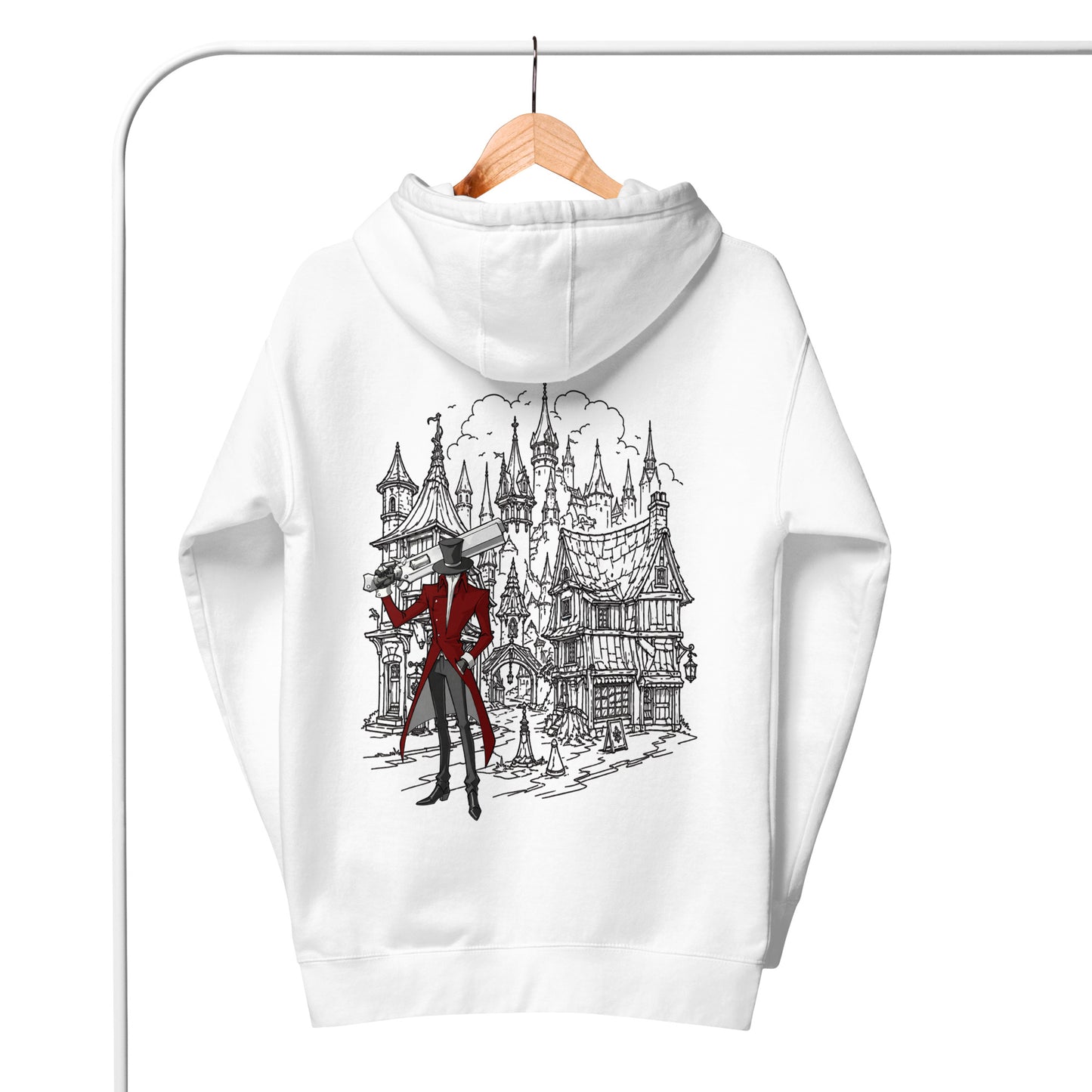 Back view of the White Crowsworn Gothic Hunter hoodie on a hanger with ruined kingdom graphic