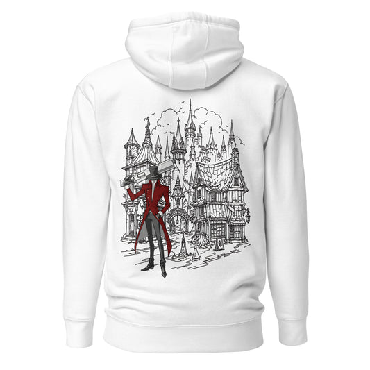 Back view of the White Crowsworn Gothic Hunter hoodie with ruined kingdom graphic