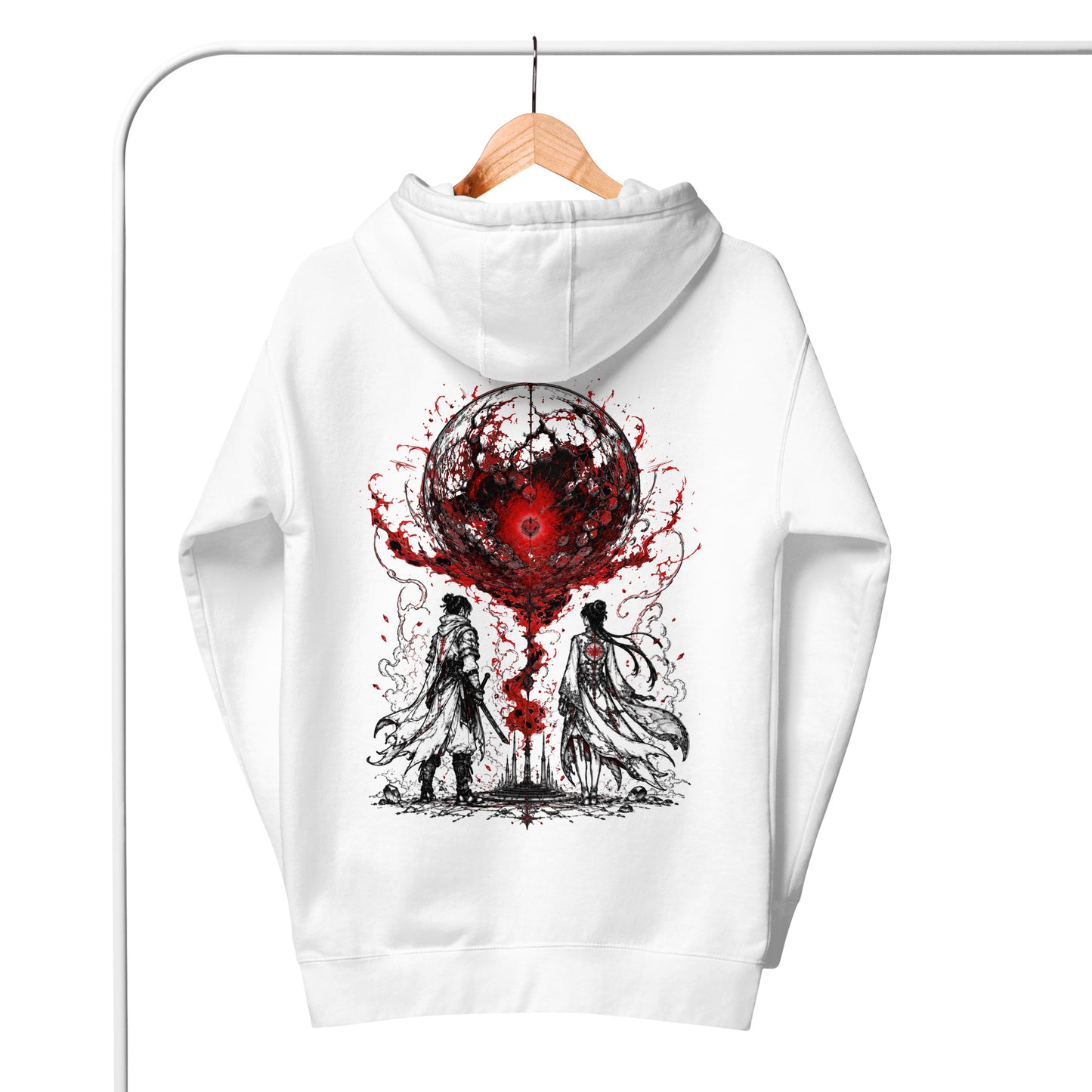 Close-up of The Blood of Dawnwalker Crimson Eclipse Hoodie hanging with crimson eclipse back artwork visible
