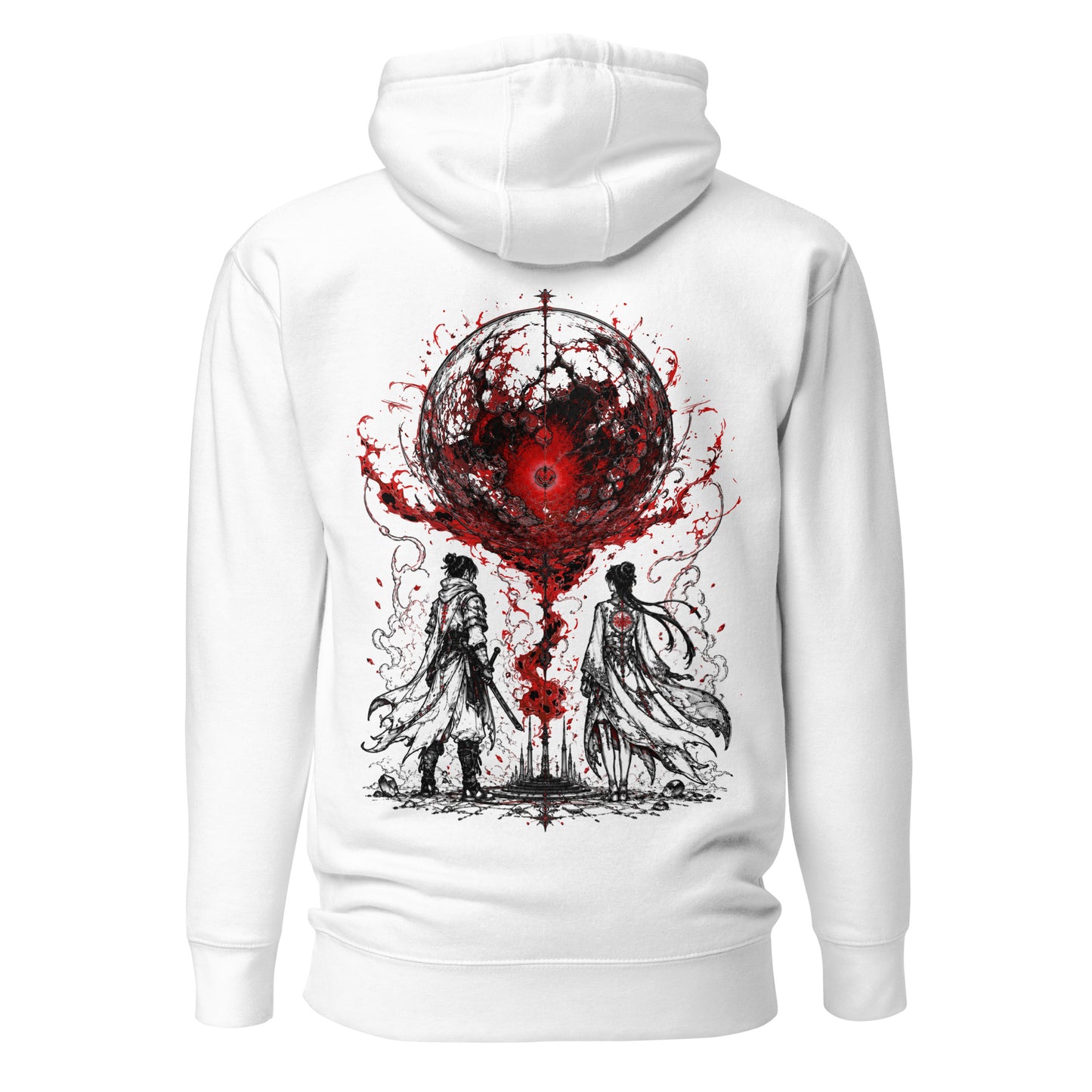 Back view of The Blood of Dawnwalker Crimson Eclipse Hoodie featuring large crimson eclipse artwork across the back