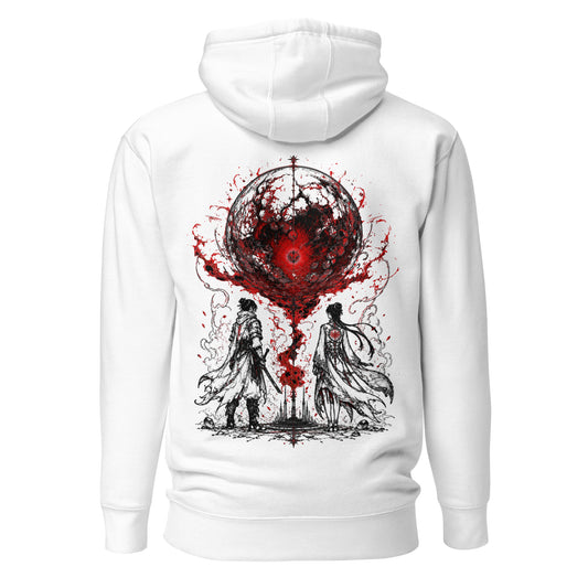 Back view of The Blood of Dawnwalker Crimson Eclipse Hoodie featuring large crimson eclipse artwork across the back