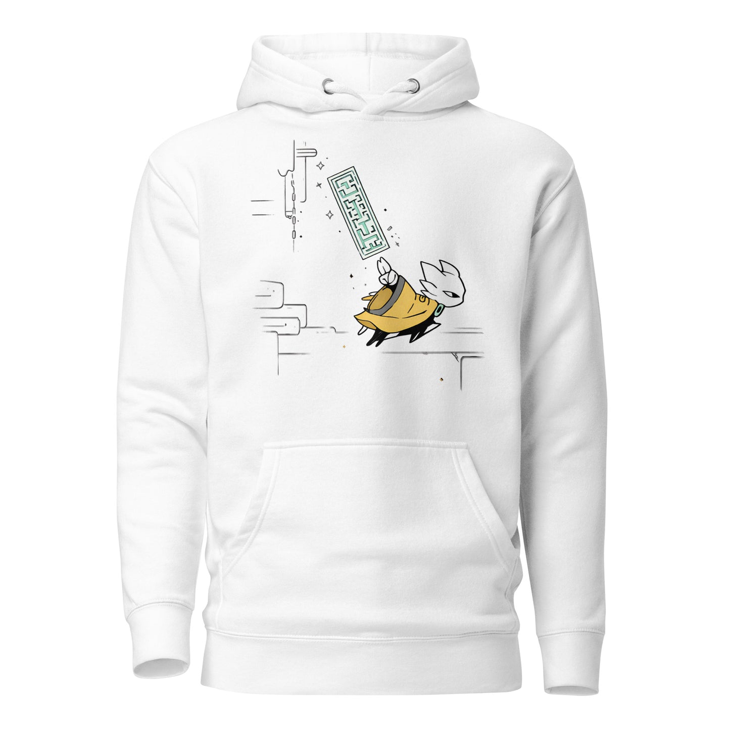 Front view of the white Nine Sols Motion Hoodie Seal Momentum featuring a minimalist seal graphic with vertical motion detail