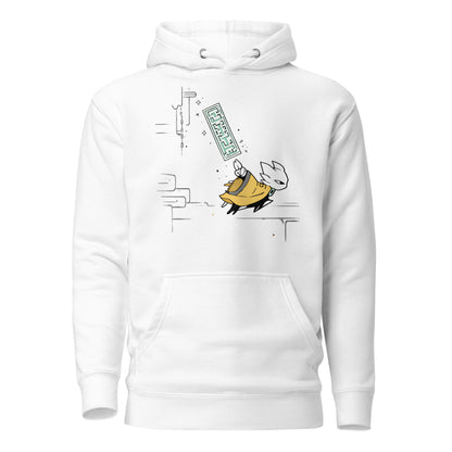 Front view of the white Nine Sols Motion Hoodie Seal Momentum featuring a minimalist seal graphic with vertical motion detail