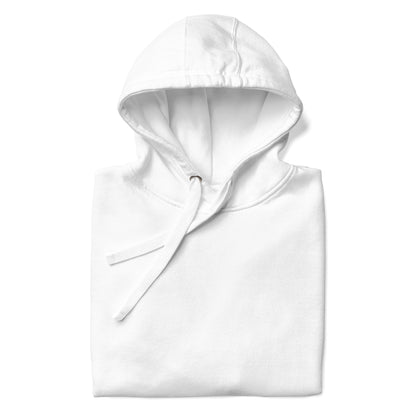 Close-up of the White Crowsworn Crimson Wraith hoodie with folded hood and drawstring detail