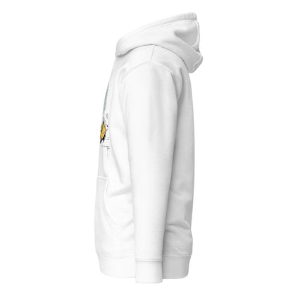 Left side view of the white Nine Sols Motion Hoodie Seal Momentum with partial front design visible along the side