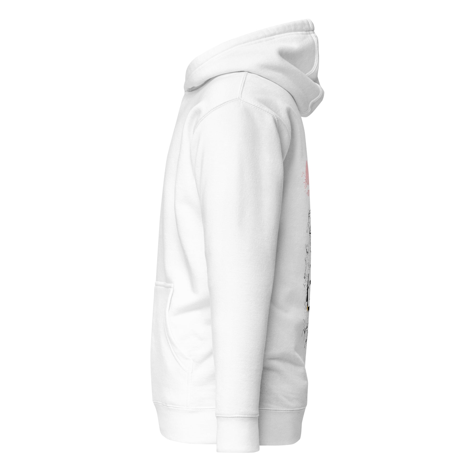 Left side view of the White Nine Sols Cliff Duel Hoodie Fallen Guardian Duel with partial back design visible along the side