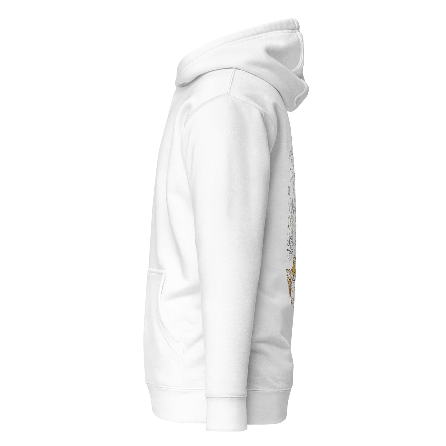 Left side view of the White Nine Sols Butterfly Hoodie Golden Echo Presence with partial back design visible along the side